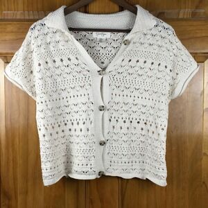 Jessica Simpson Cream Pointelle Knit Short Sleeve Button Front Cardigan Boho